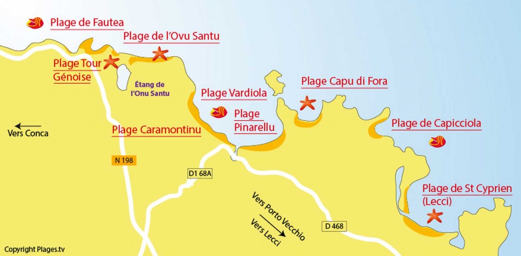 Carte des plages autour de Saint Lucie de Porto Vecchio